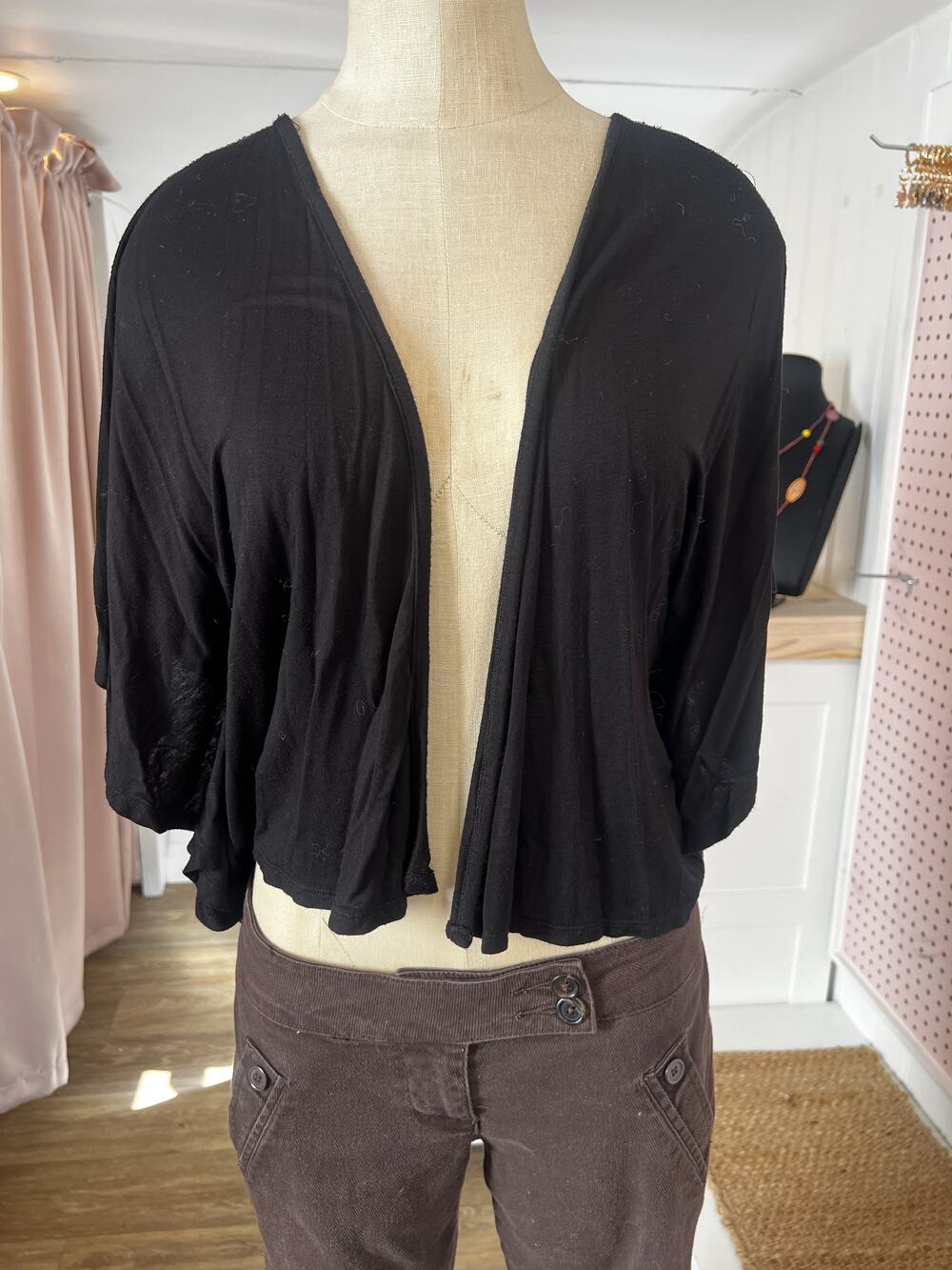 Warehouse One Black Open Front Draped Shrug Cardigan with Sheer Butterfly Back D